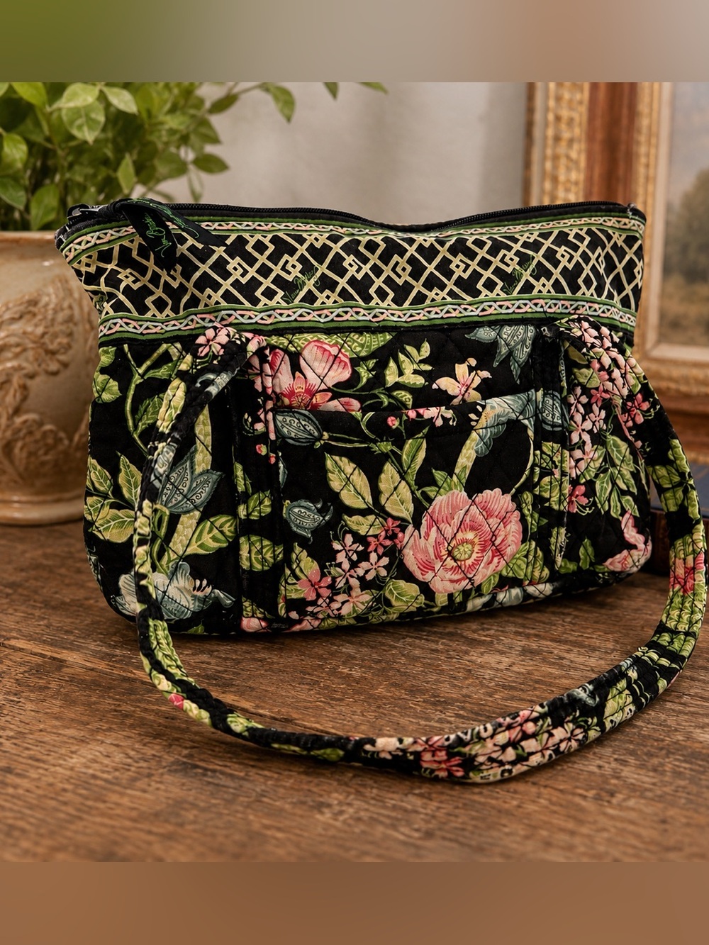 Vera Bradley Black Quilted Shoulder Bag with Pink and Green Floral Print